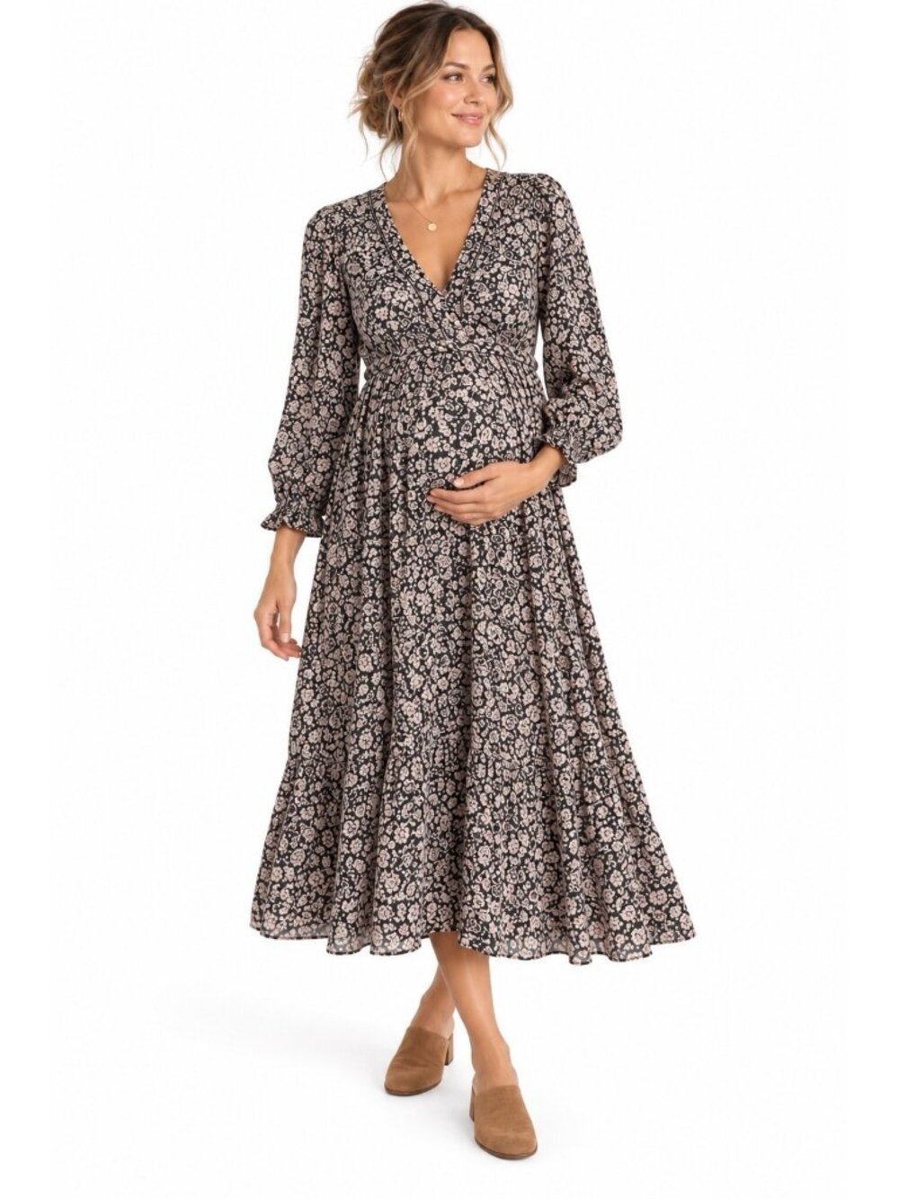 HATCH midi dress floral pink gray 0 3/4 sleeve adjustable waist bohemian casual